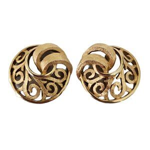 Trifari Crown Over T Gold Tone Round Open Scroll Clip On Earrings, Signed L77